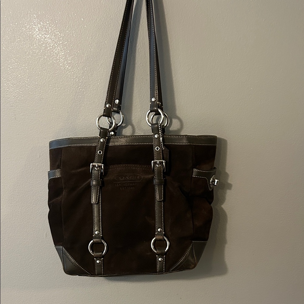 Coach Dark Brown Suede Tote with Leather Trim